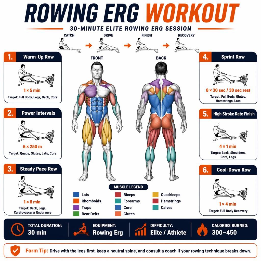 Modern rowing erg workout infographic with front and back anatomy figure, highlighted muscles, 6 exercise cards, and stats.