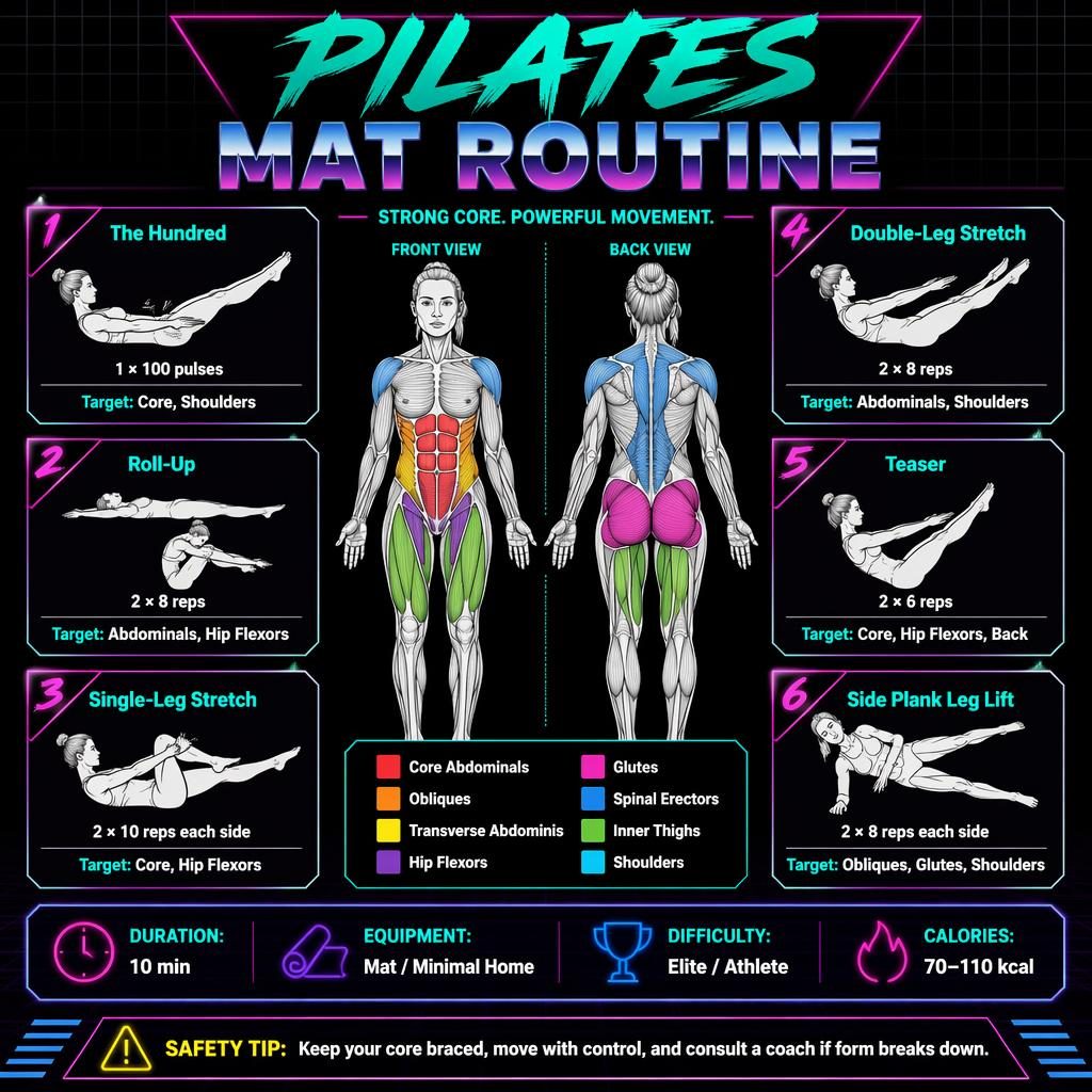 Dark mode Pilates mat routine infographic with front and back anatomy figure, 6 exercise cards, muscle highlights, and stats.