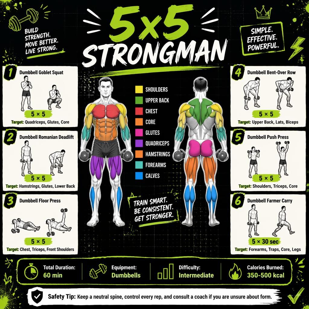Neon green and black workout infographic with front and back muscle map and 6 dumbbell exercises in 5x5 sequence.