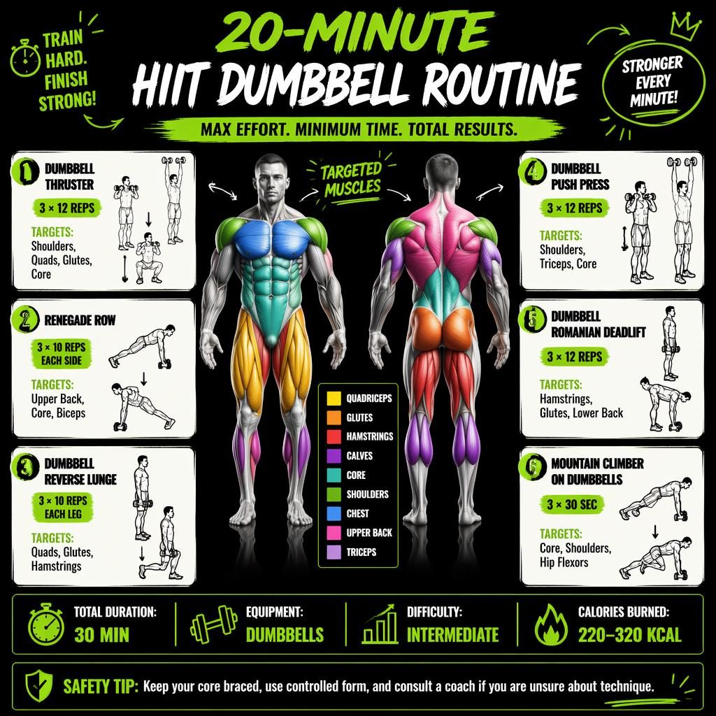 Neon green and black body fitness poster infographic with anatomical front and back figures and 6 HIIT dumbbell exercise cards.