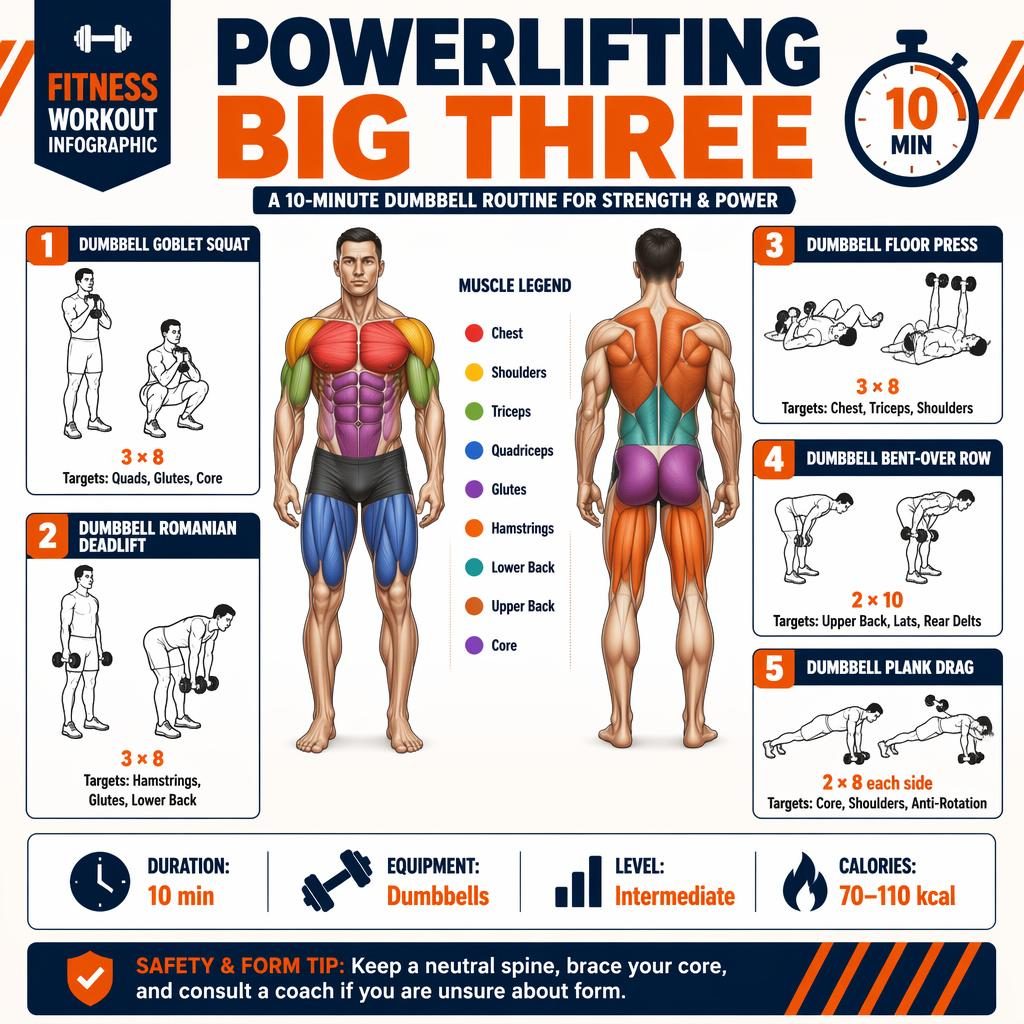 Modern fitness infographic with front and back muscle figures, 5 dumbbell exercise cards, stats strip, and safety tip.
