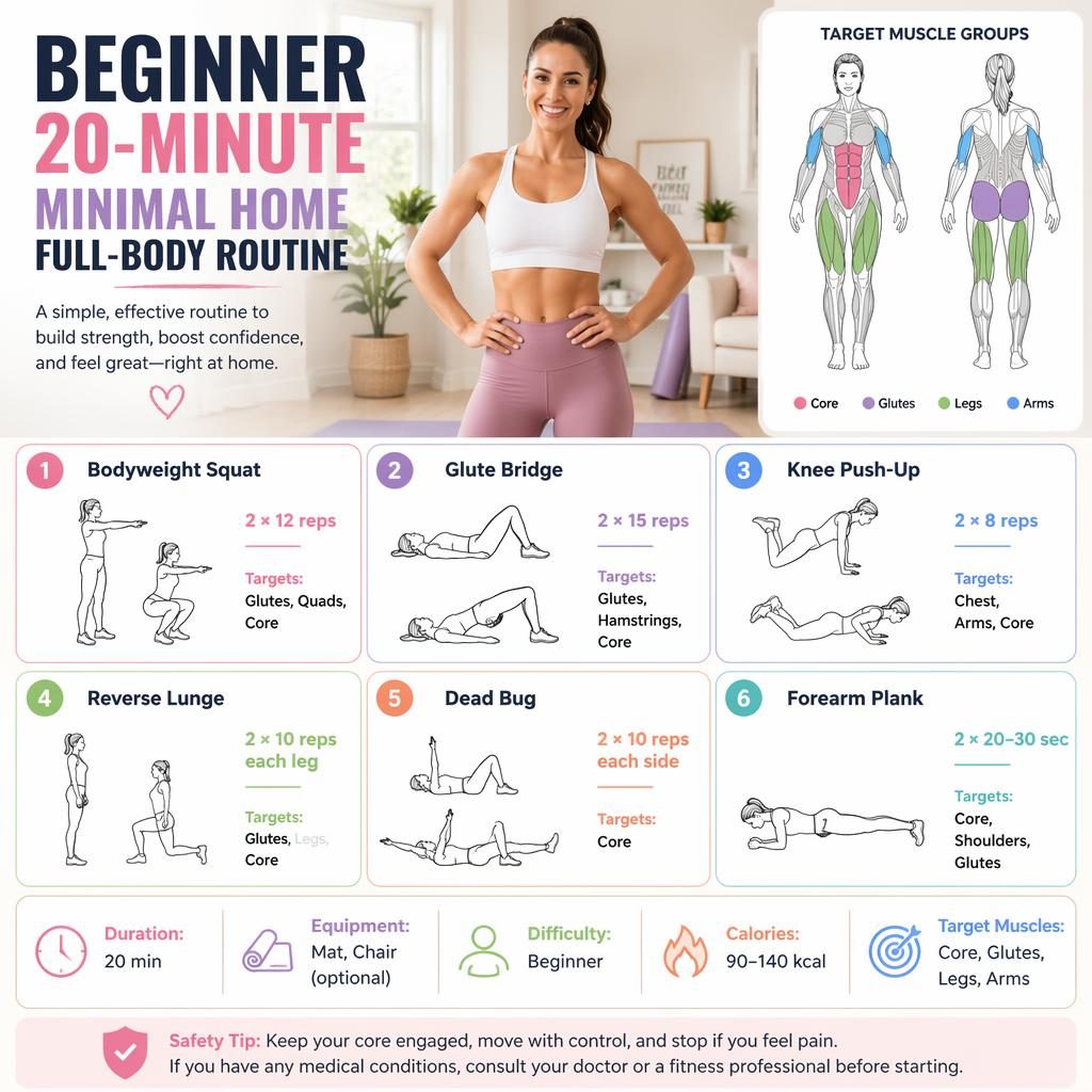 Infografía de rutina full body de 20 minutos en casa con entrenadora, figura anatómica y 6 ejercicios numerados.