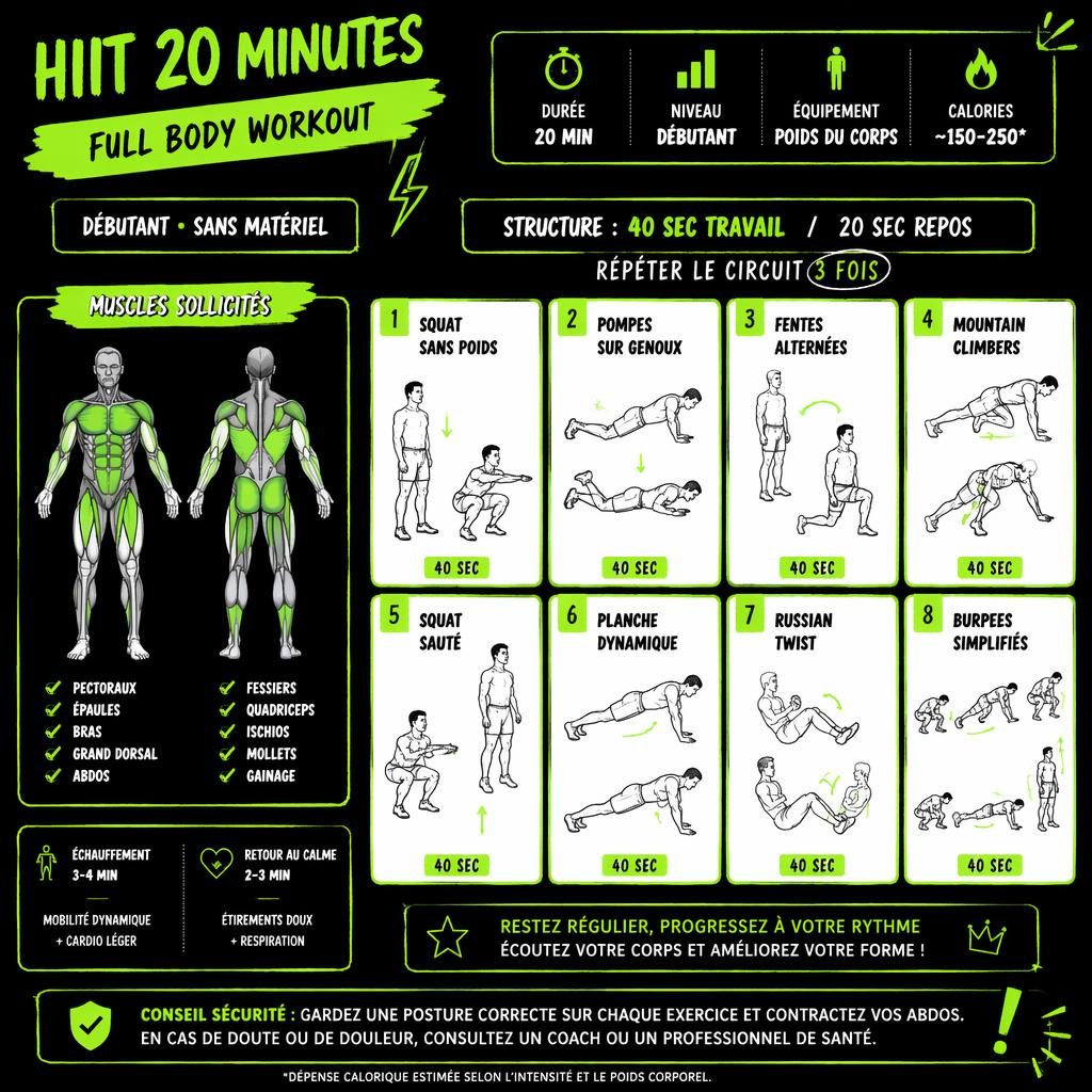 Infographie sketchnote noir et vert néon d’un HIIT débutant 20 min, figures anatomiques, cartes d’exercices numérotées et tip sécurité.
