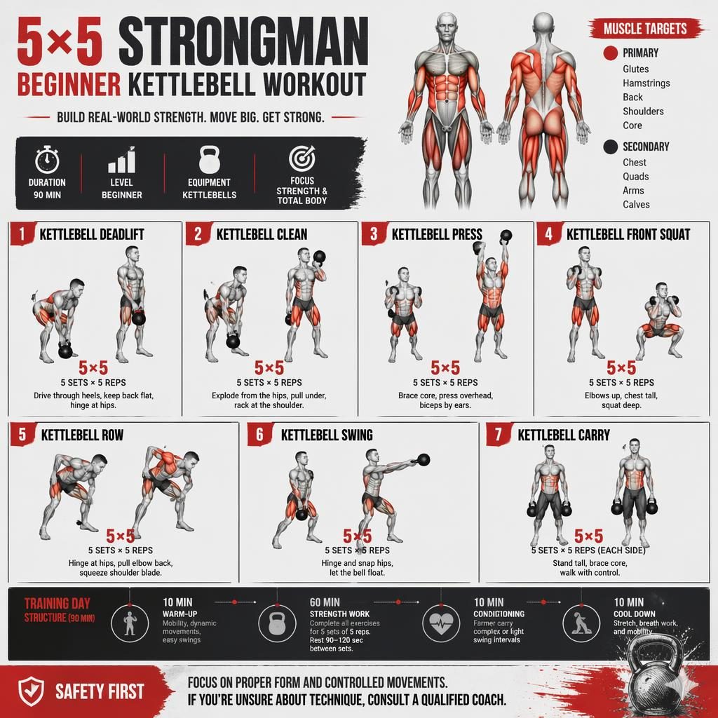 Workout routine for: 5x5 strongman. Difficulty: beginner. Equipment: kettlebells. Duration: 90 min training day. Visual 