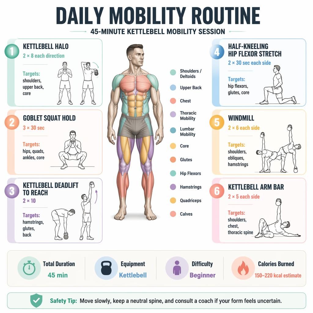 Isometric fitness infographic with human figure, 6 kettlebell mobility exercise cards, muscle highlights, stats strip, and safety tip.
