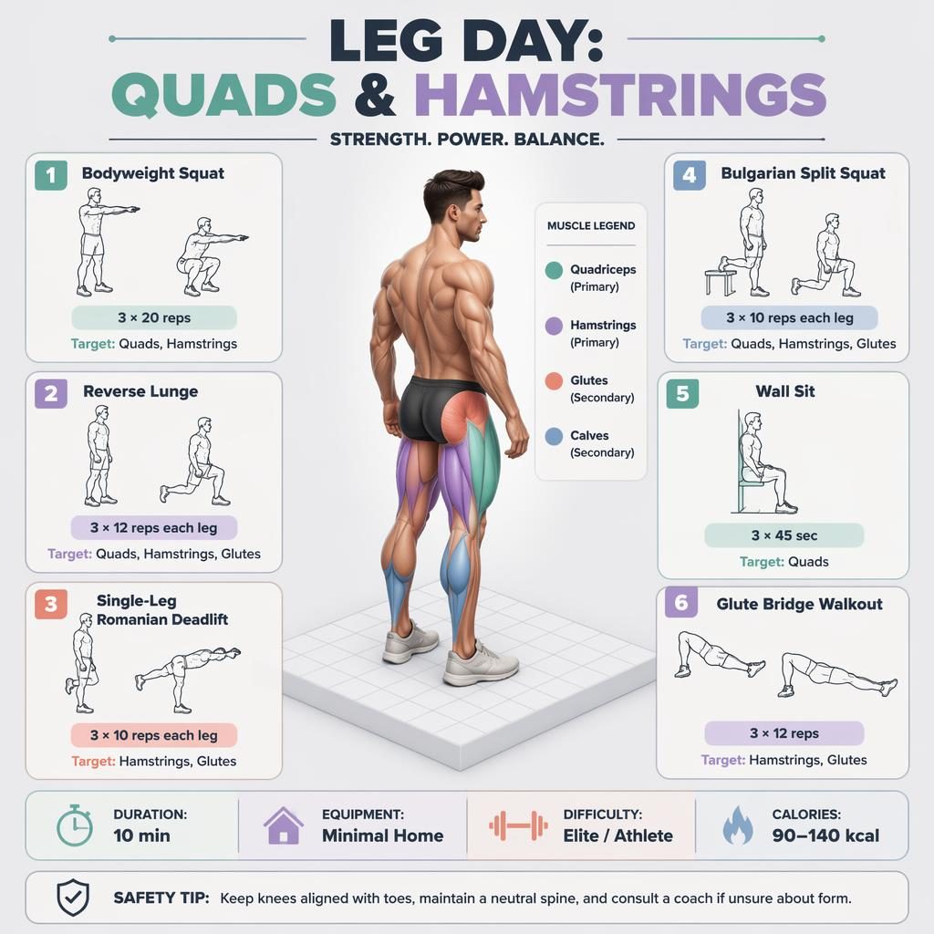 Isometric 3D leg day workout infographic with anatomy figure, 6 exercise cards, muscle highlights, stats strip, and safety tip.