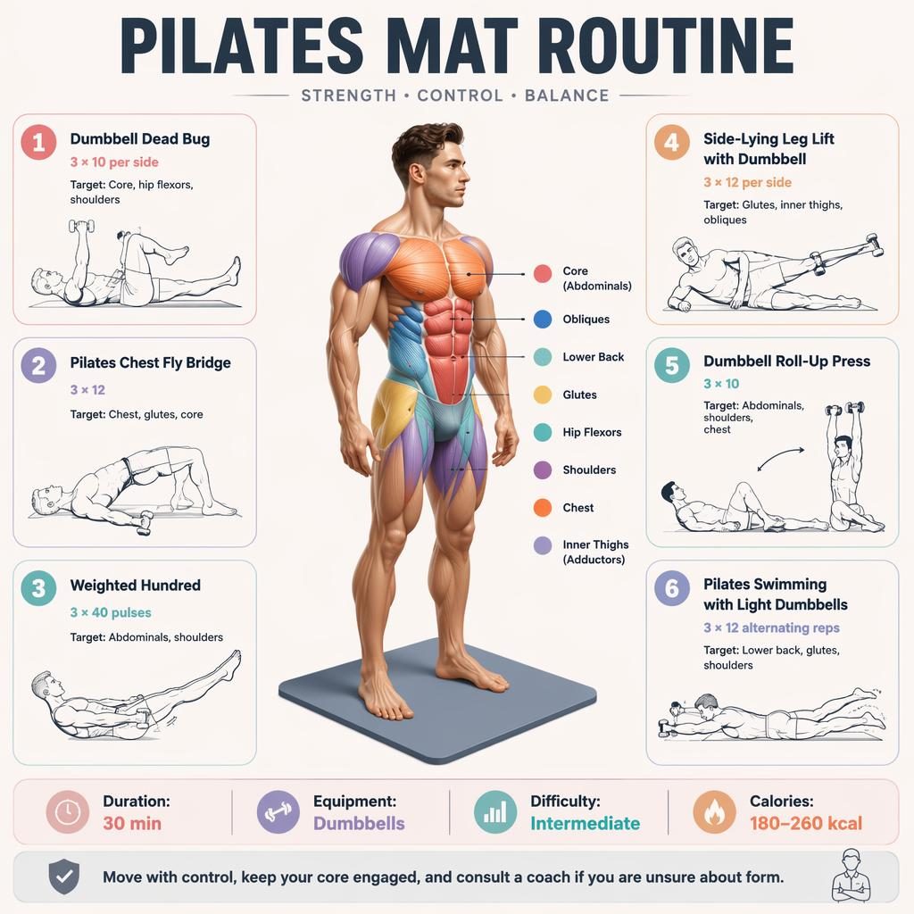 Isometric 3D Pilates mat routine infographic with male anatomy figure, 6 exercise cards, quick stats, and safety tip.