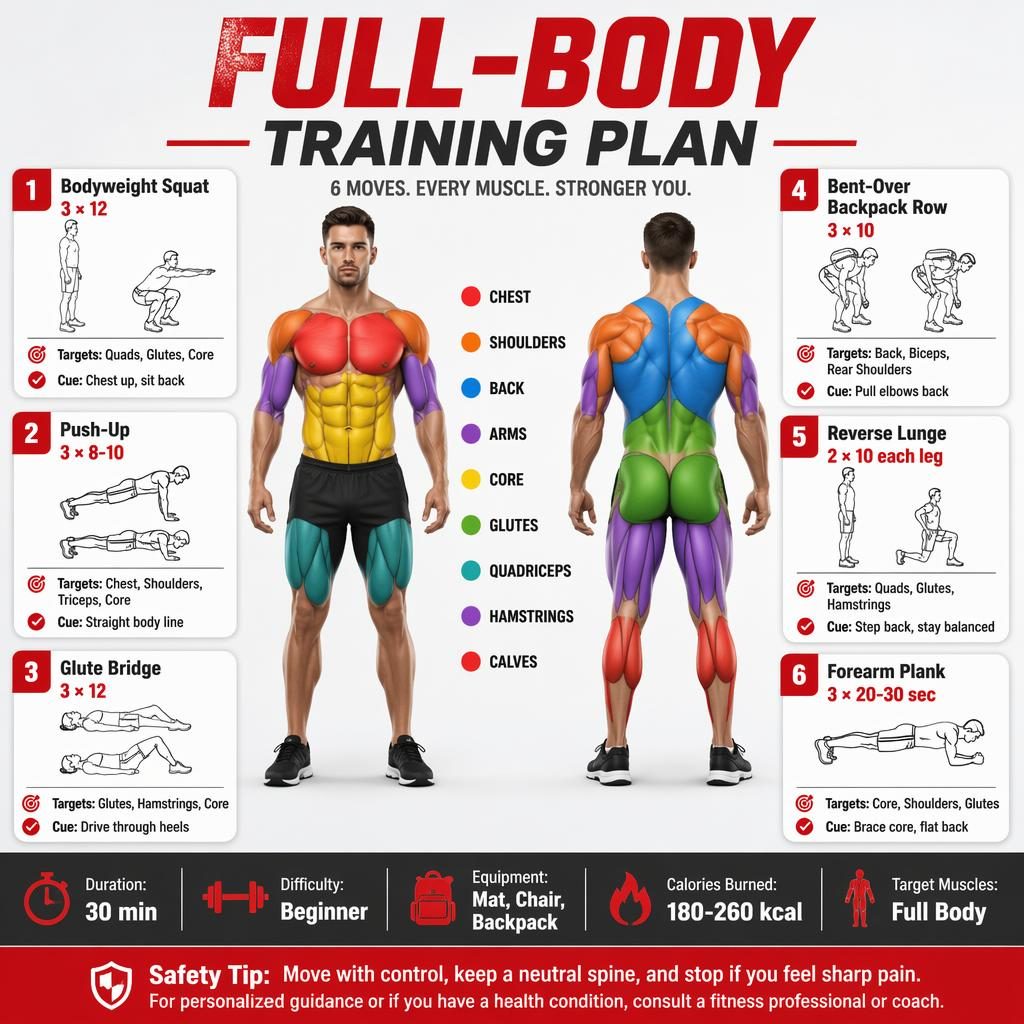 Fotorealistische Fitness-Infografik mit anatomischer Front- und Rückenansicht sowie 6 Übungskarten zum Ganzkörpertraining.