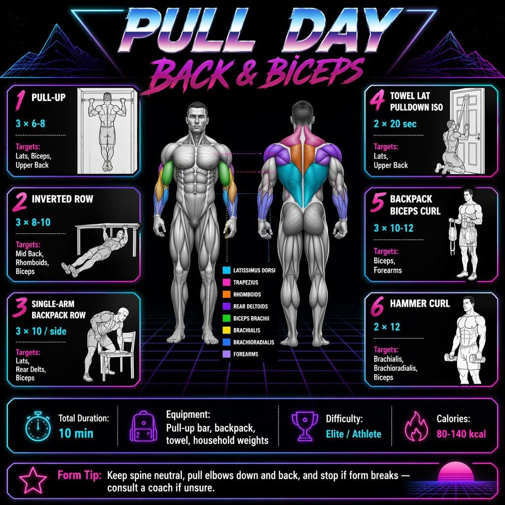 Retro dark-mode pull day infographic with front-back muscle map, 6 exercise cards, stats strip, and safety tip.
