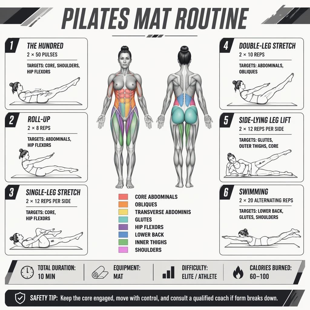 Minimal Pilates mat routine infographic with front/back anatomy figure, 6 exercise cards, muscle highlights, and stats strip.