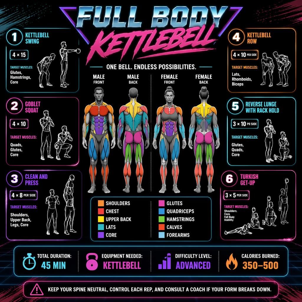 Dark retro-style full body kettlebell workout infographic with front and back anatomy figure, 6 exercise cards, stats, and safety tip.