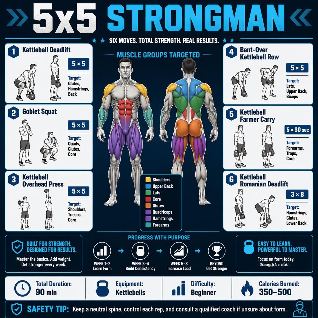 Bold gym infographic titled 5x5 Strongman with male front/back muscle map, 6 kettlebell exercise cards, stats strip, safety tip