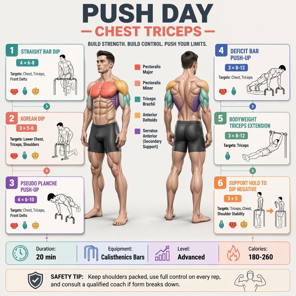 Workout infographic showing push day chest and triceps routine, anatomy figure, 6 exercise cards, stats strip, and safety tip.