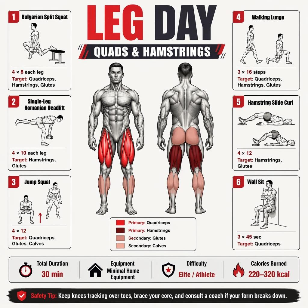 Fitness infografika s anatomickou postavou zepředu i zezadu a 6 kartami cviků na kvadricepsy a hamstringy.