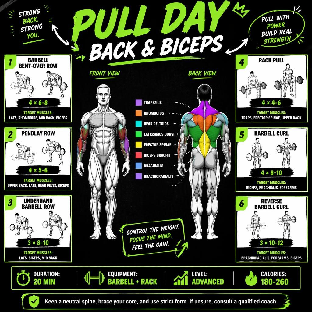 Infographie d'entraînement Pull Day avec figure anatomique avant/arrière, 6 exercices numérotés et zones musculaires en vert.