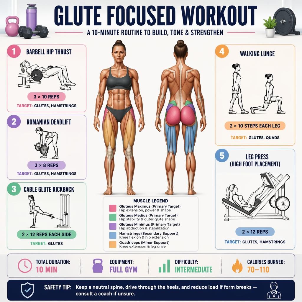 Fitness infographic poster with front-and-back muscle figure, 5 glute exercises, legend, stats strip, and safety tip.