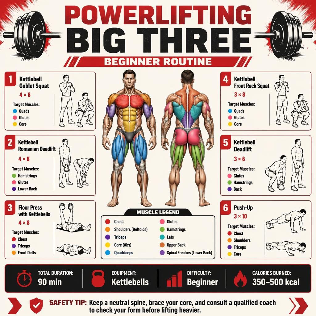 Beginner workout infographic with front and back anatomy figure, 6 kettlebell exercises, muscle legend, stats strip, and safety tip.