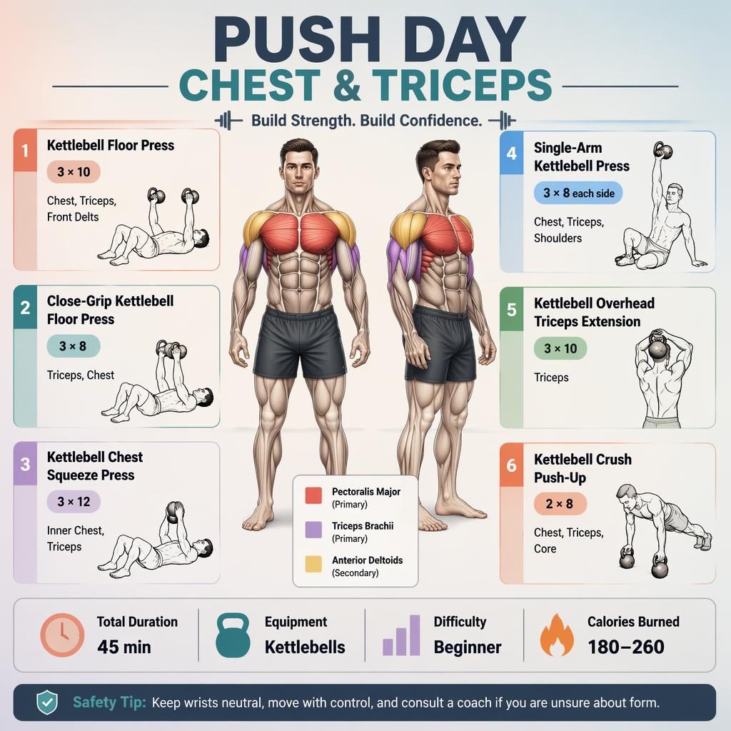 Push Day Chest & Triceps infographic with anatomical figure, 6 kettlebell exercise cards, quick stats, and safety tip.