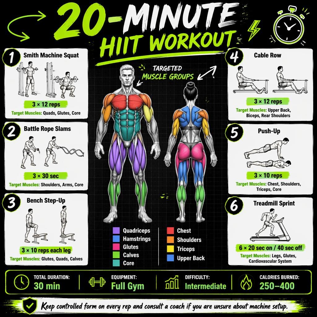 Workout infographic with male and female anatomy figures, highlighted muscles, and 6 HIIT exercise cards in neon green.