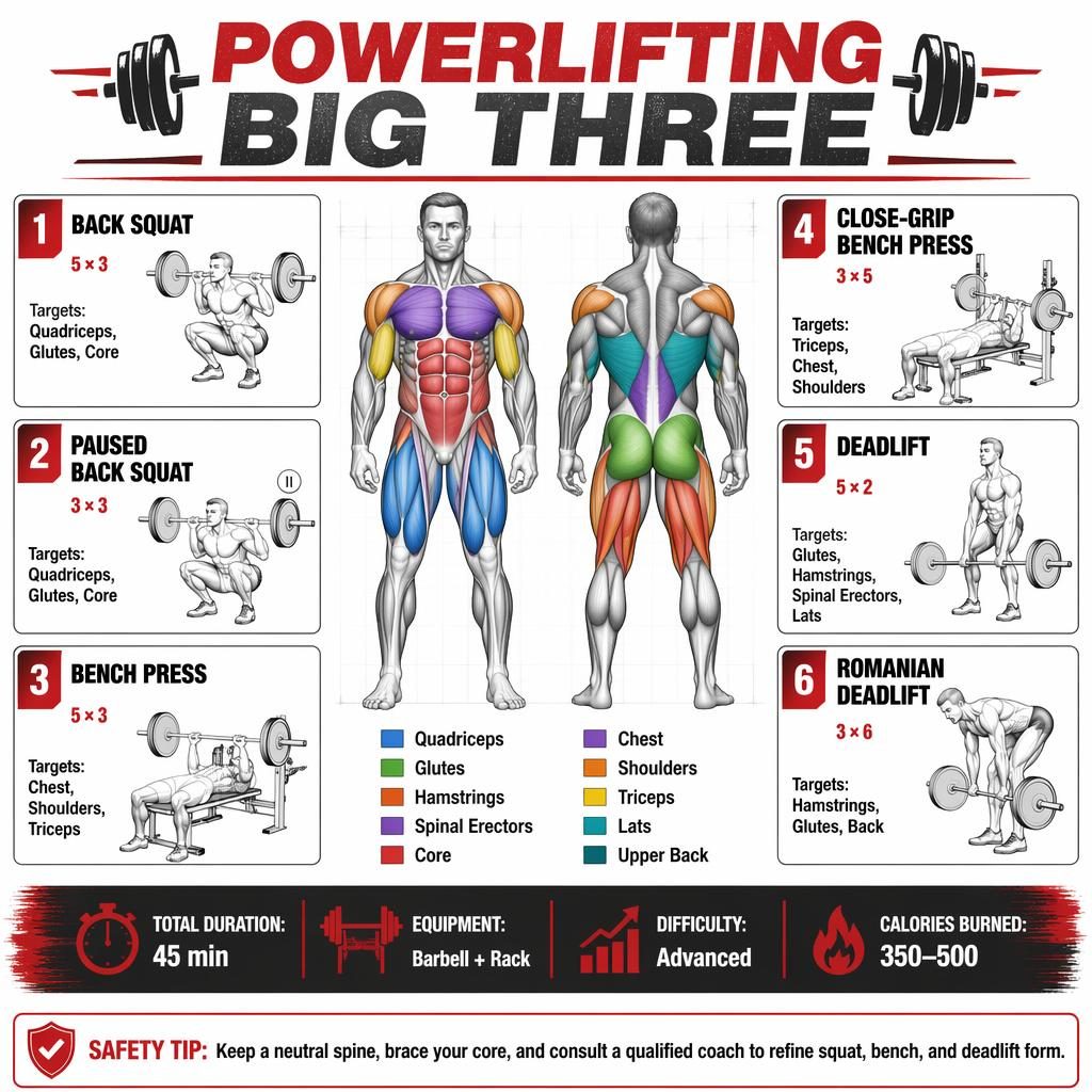 Fitness infographic poster with male anatomy front and back, highlighted muscles, and 6 powerlifting exercise cards.