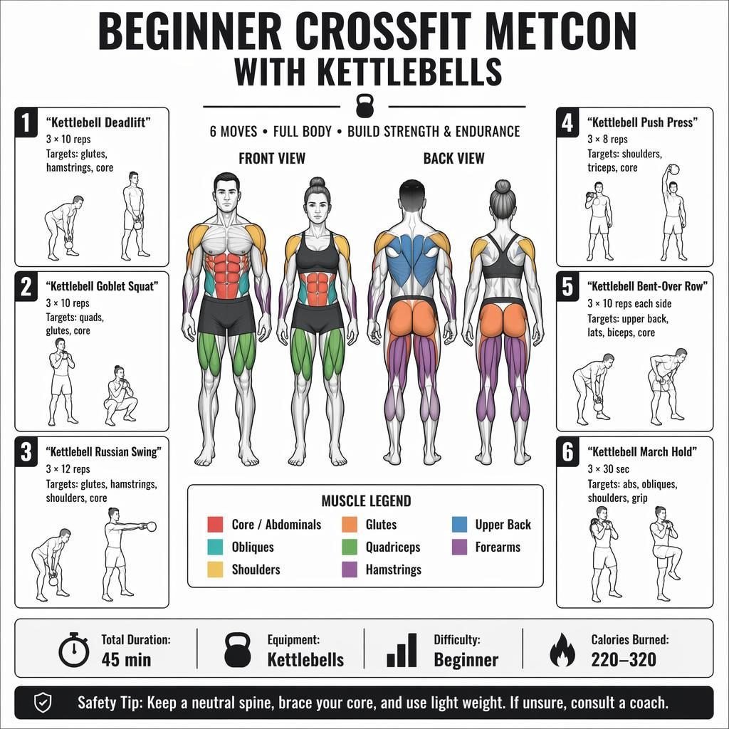Printable fitness infographic poster with male and female anatomy views, highlighted muscles, and 6 beginner kettlebell Metcon exercises.