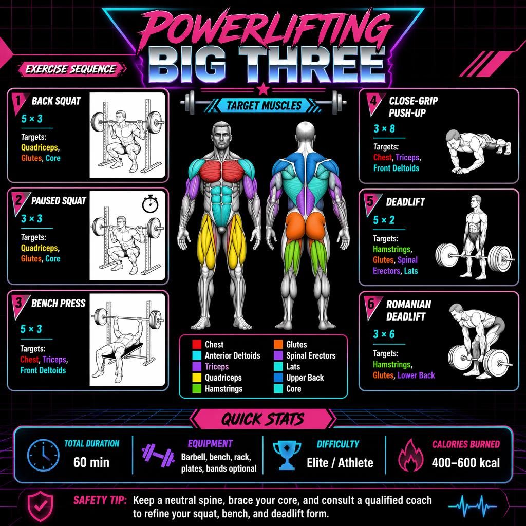 Infographie workout sombre Powerlifting Big Three avec figure anatomique, 6 cartes d’exercices et stats rétro néon.