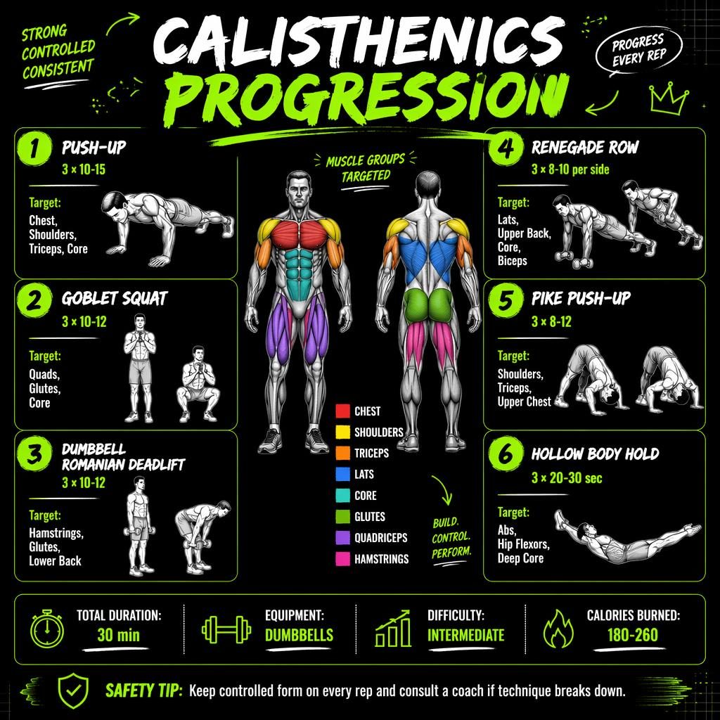 Neon green and black workout infographic with front and back anatomy figure, 6 exercise cards, stats strip, and safety tip.
