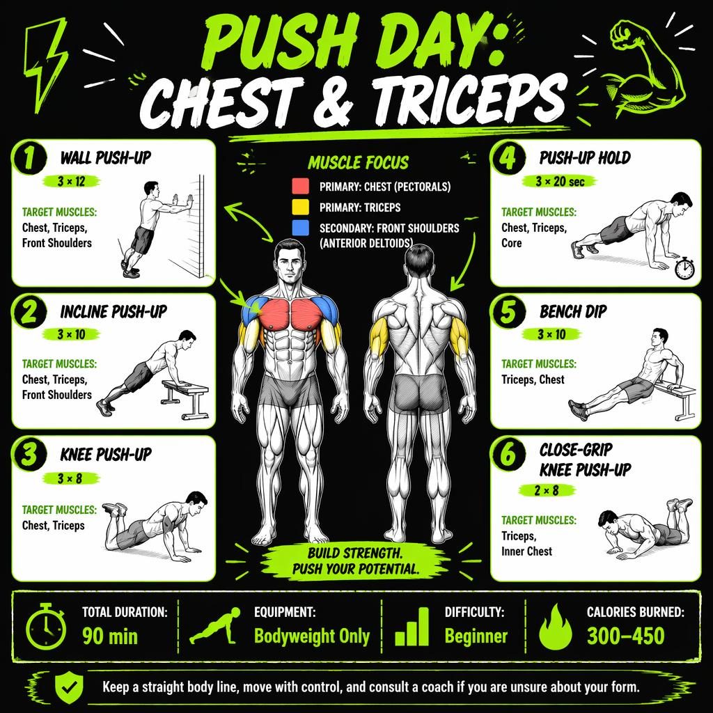 Neon green and black push day workout infographic with human muscle diagram, 6 bodyweight exercise cards, stats, and safety note.