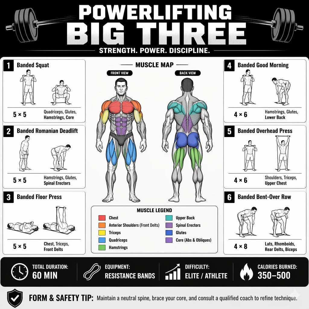 Black-and-white fitness infographic with front and back muscle figure and 6 resistance band exercise cards.