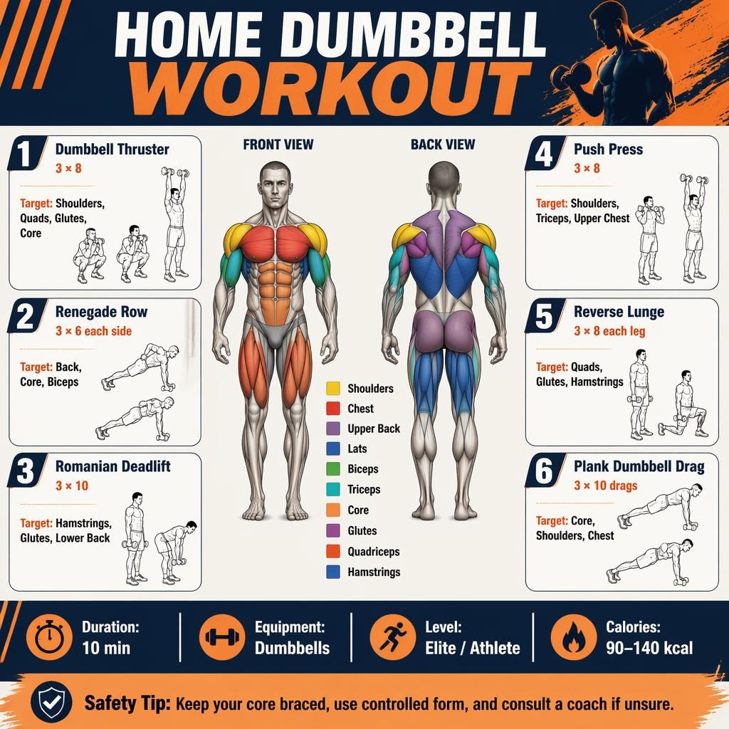 Workout infographic with front and back anatomy figure, highlighted muscles, 6 dumbbell exercise cards, stats strip, and safety tip.
