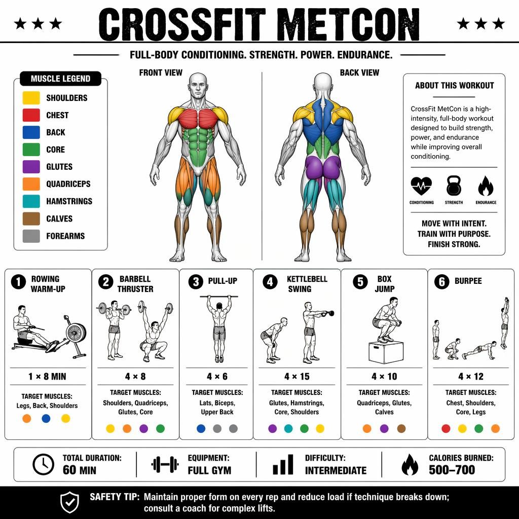 Monochrome CrossFit MetCon infographic with anatomical front/back figures, muscle legend, 6 exercise cards, stats, and safety tip.