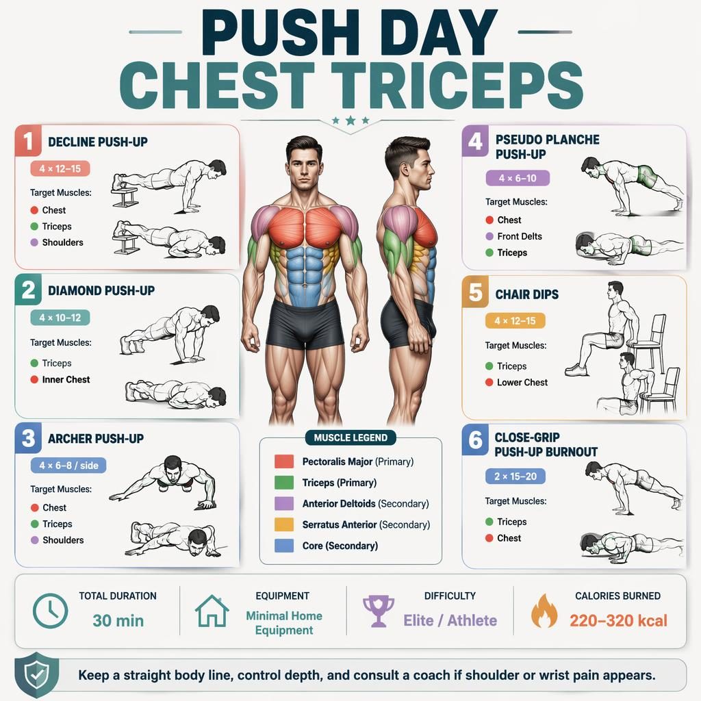 Workout infographic with anatomical figure, 6 push day exercises, muscle highlights, legend, stats strip, and safety tip.