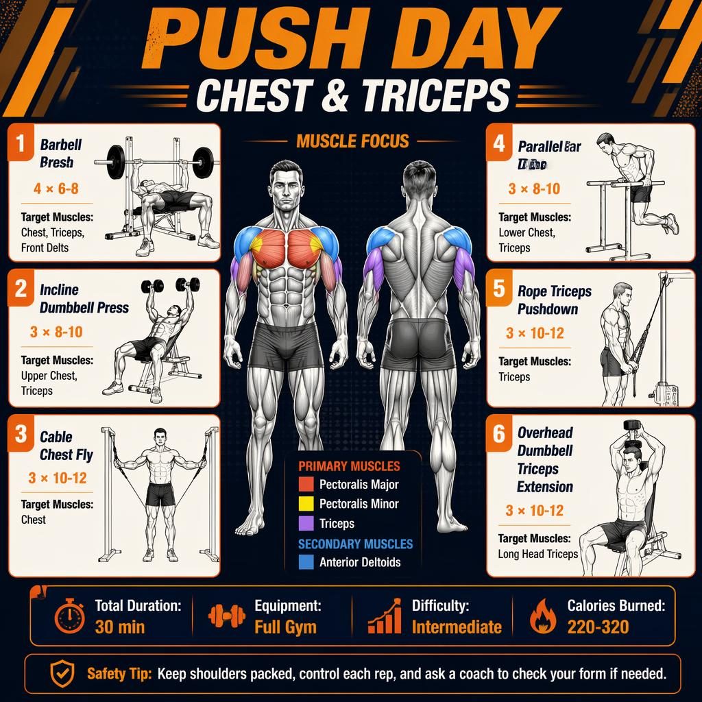Fitness infographic showing push day chest and triceps routine with anatomy figure, 6 exercise cards, stats strip, and safety tip.