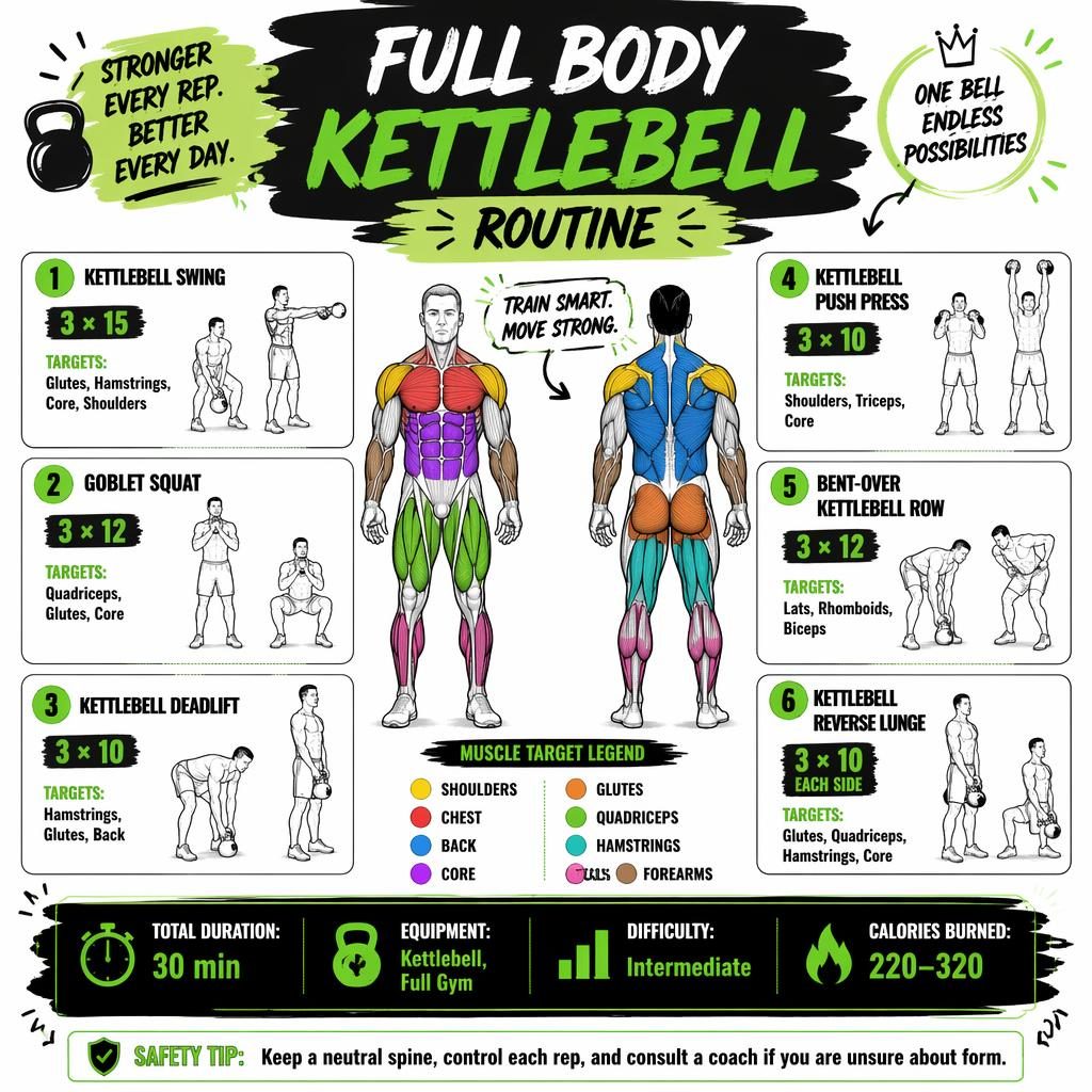 Full body kettlebell routine infographic with front/back muscle map, 6 exercise cards, quick stats, and safety tip.
