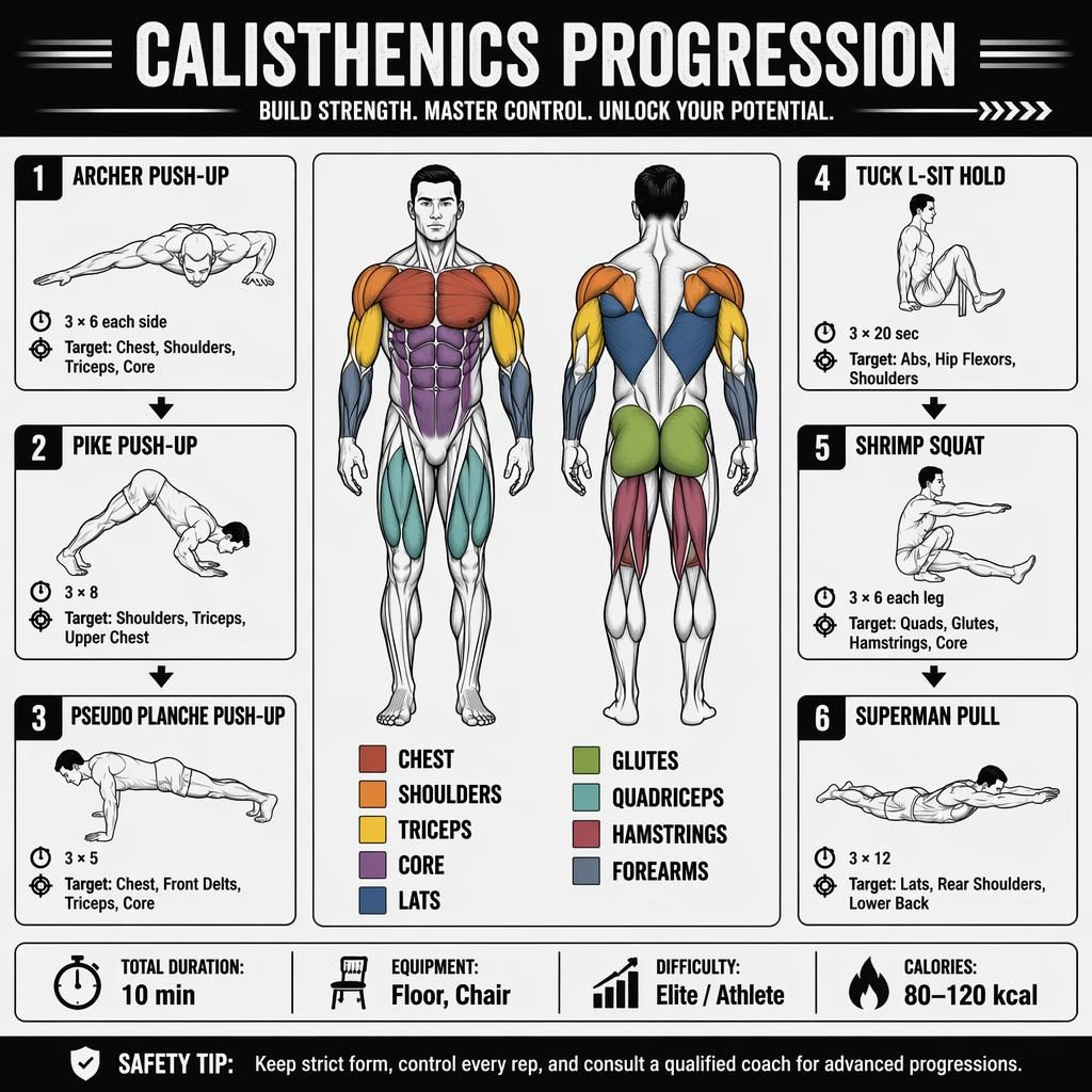 Infographie verticale de routine de gym avec figure anatomique avant/arrière et 6 exercices de calisthenics numérotés.