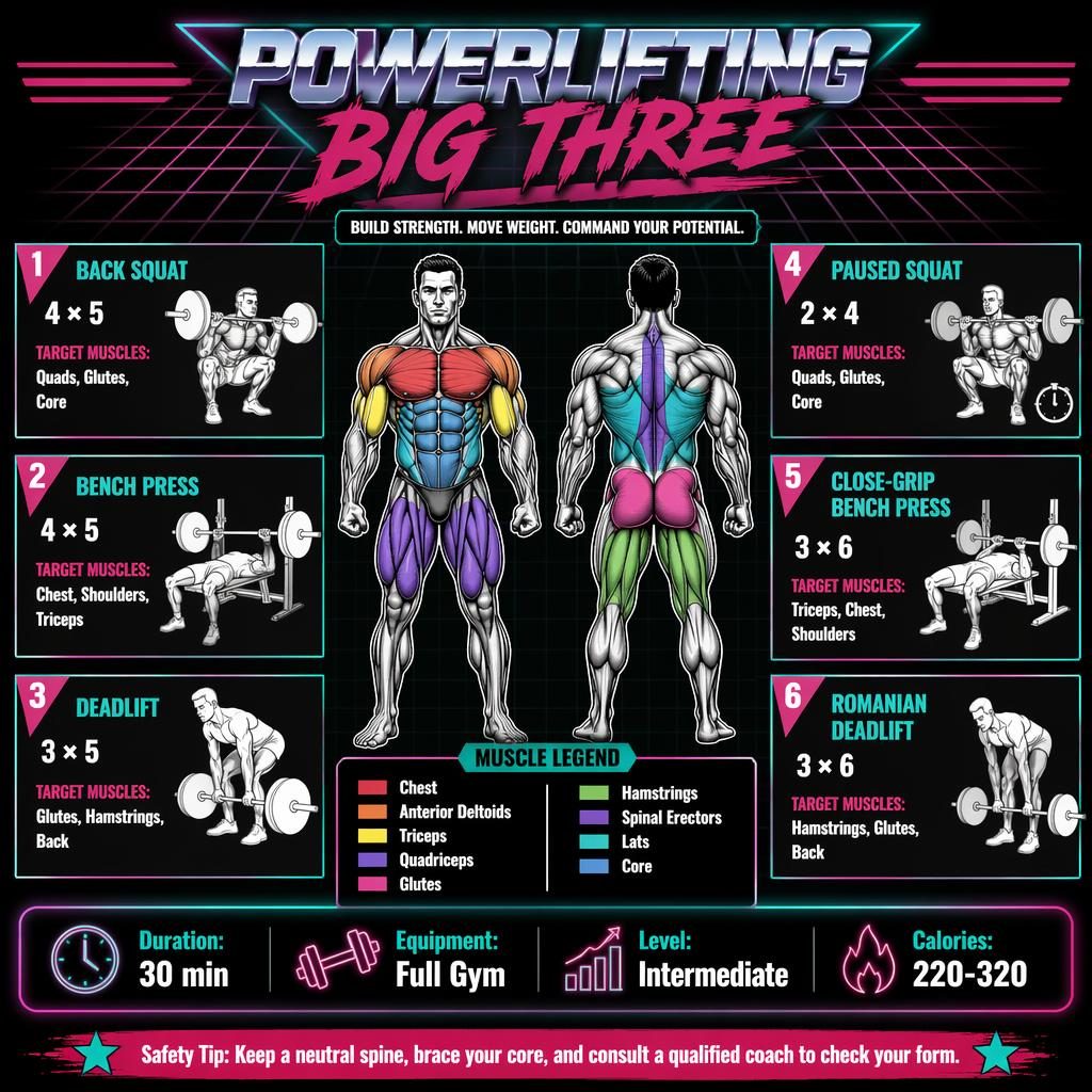 Retro dark-mode powerlifting infographic with front/back anatomy figure, highlighted muscles, 6 exercise cards, stats strip.