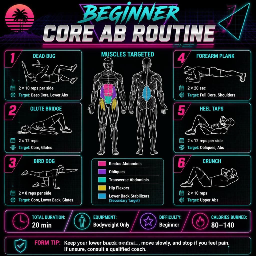 Dark mode workout infographic with human muscle map, 6 beginner core exercises, stats strip, and safety tip in neon retro style.