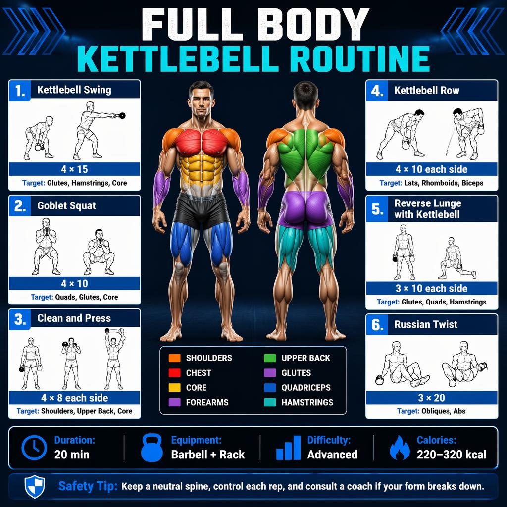 Blue kettlebell workout infographic with front and back muscle map, 6 exercise cards, stats strip, and safety tip.