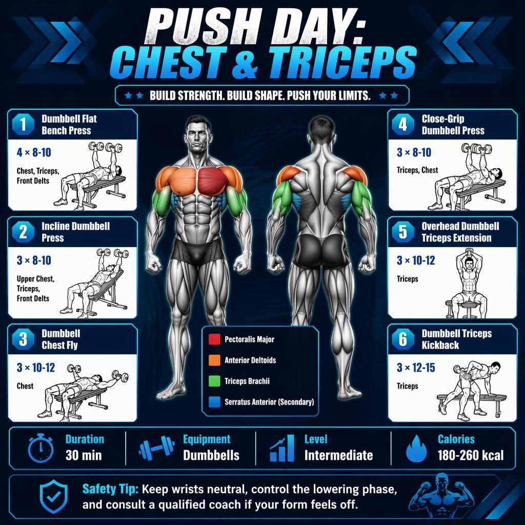 Workout infographic poster with front and rear anatomy figure, 6 dumbbell push day exercises, stats strip, and safety tip.