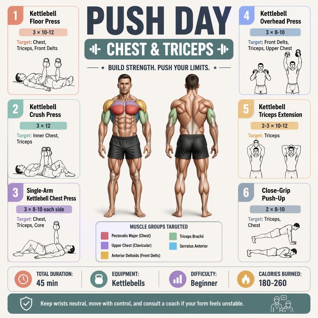 Push Day Chest & Triceps infographic with anatomical front and back figure, 6 kettlebell exercises, stats strip, and safety tip.