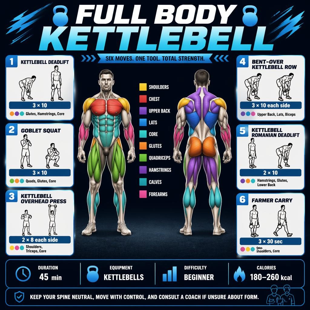 Full body kettlebell workout infographic with front and back muscle figure, 6 exercise cards, stats strip, and safety tip.