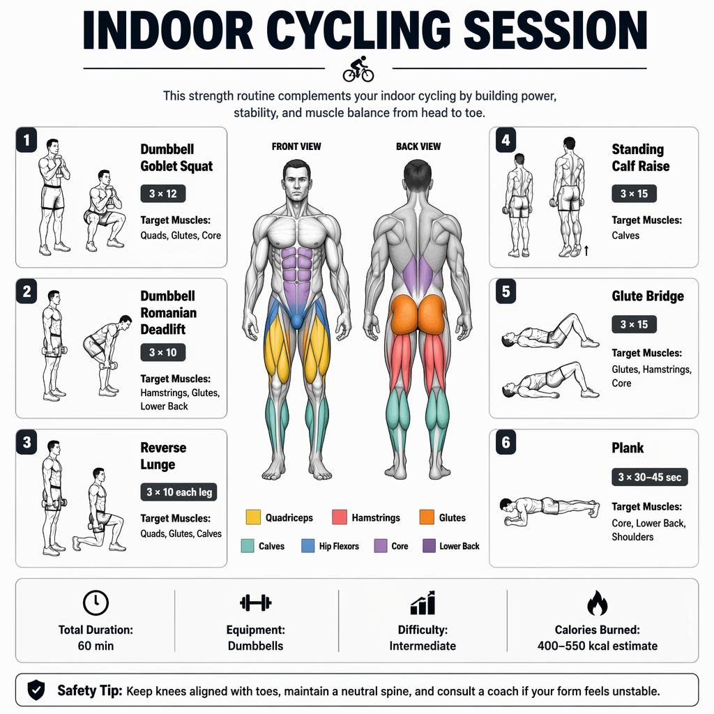Minimal workout infographic with front-back muscle map, 6 exercise cards, stats strip, and safety tip for indoor cycling session.