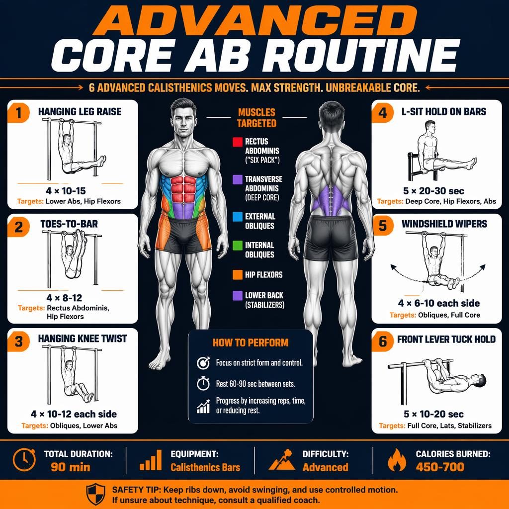 Modern fitness infographic with anatomical core diagram, 6 exercise cards, stats strip, and safety tip in orange and navy.