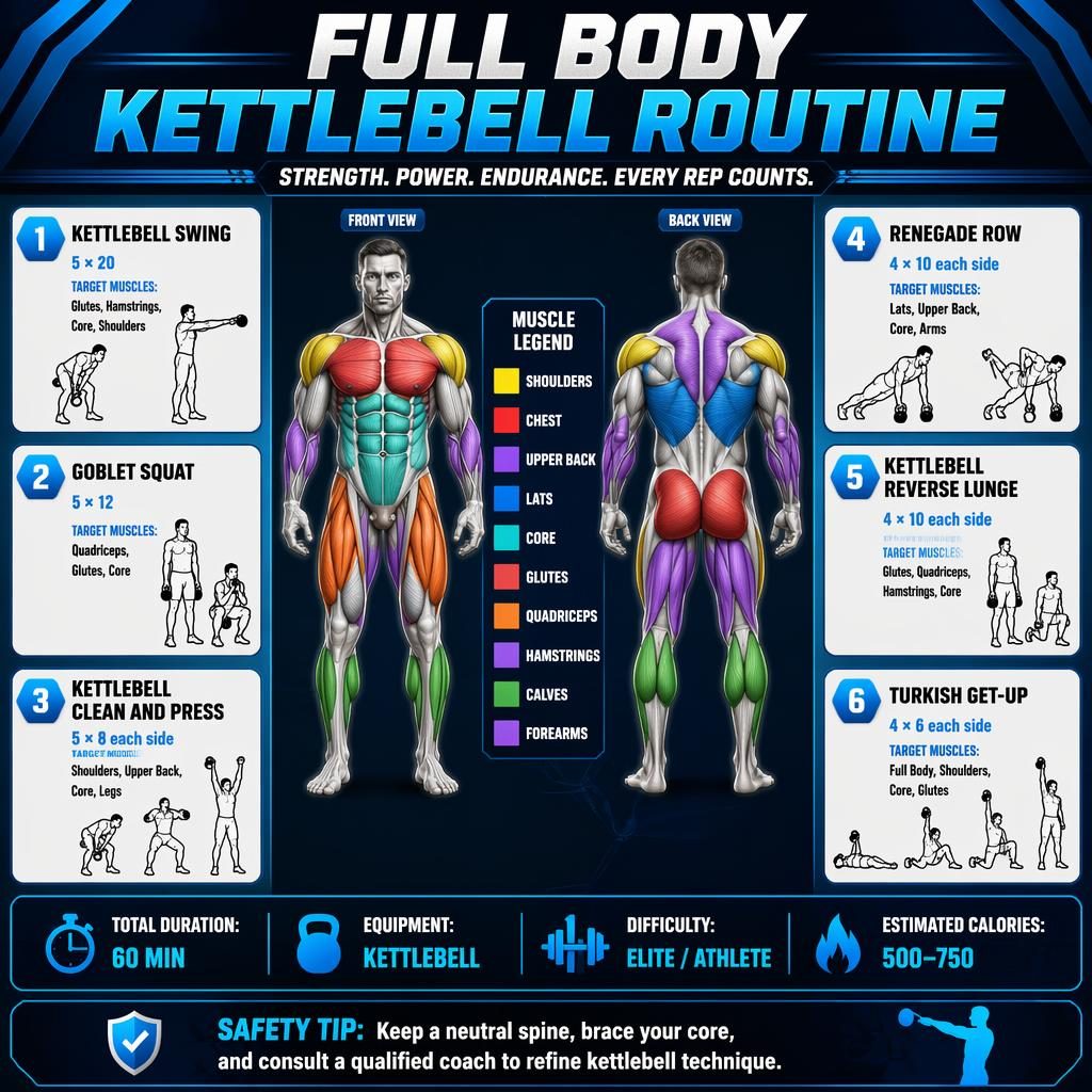Blue kettlebell workout infographic with front and back anatomy figure, 6 exercise cards, stats strip, and safety tip.