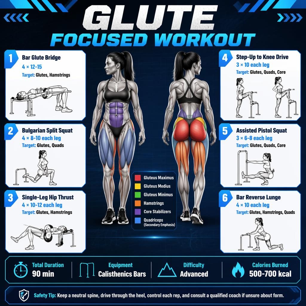 Blue fitness infographic with front and back anatomy figure, 6 glute-focused exercise cards, stats strip, and safety tip.
