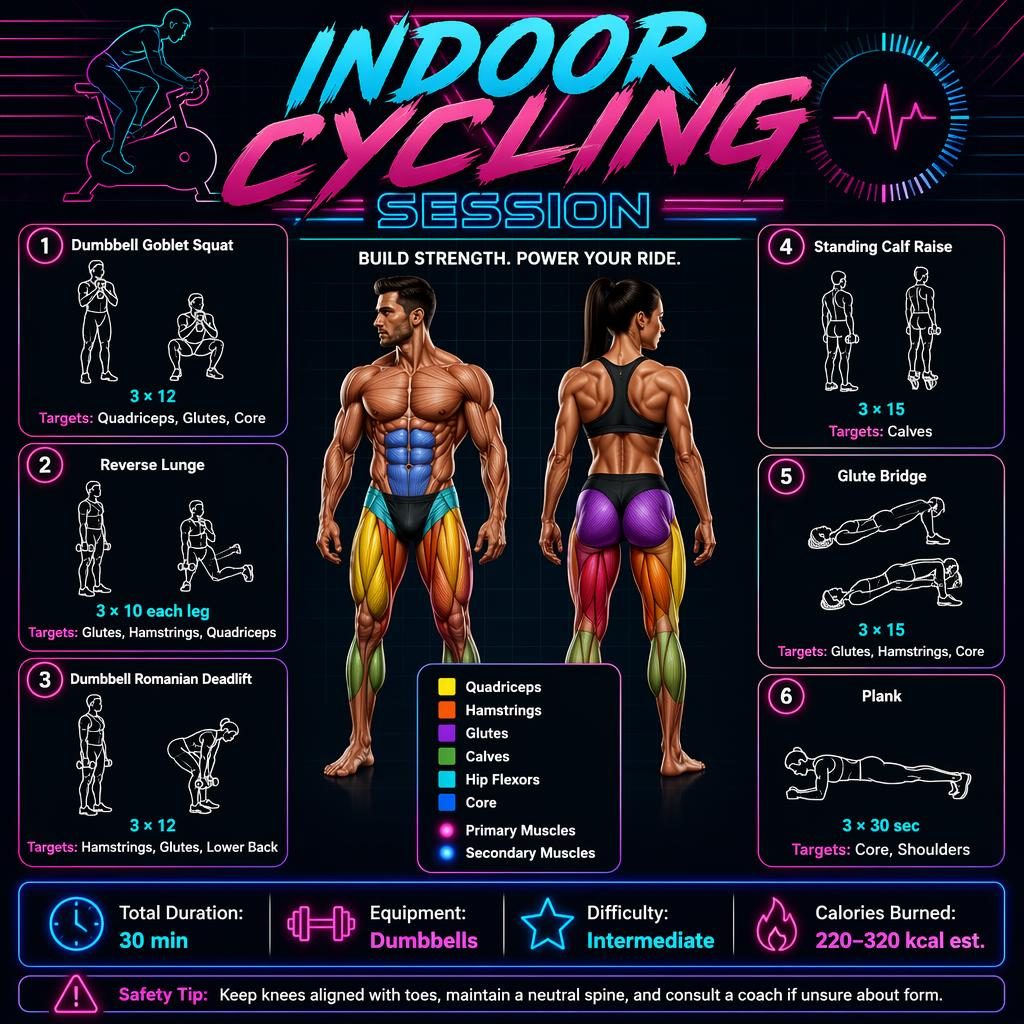 Dark mode fitness infographic with anatomical male and female figures, highlighted leg muscles, 6 exercise cards, and stats.