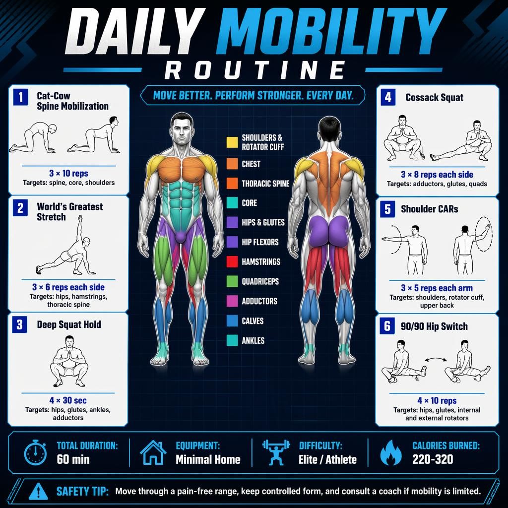 Blue fitness infographic with front-and-back anatomy figure, 6 mobility exercise cards, stats strip, and safety tip.