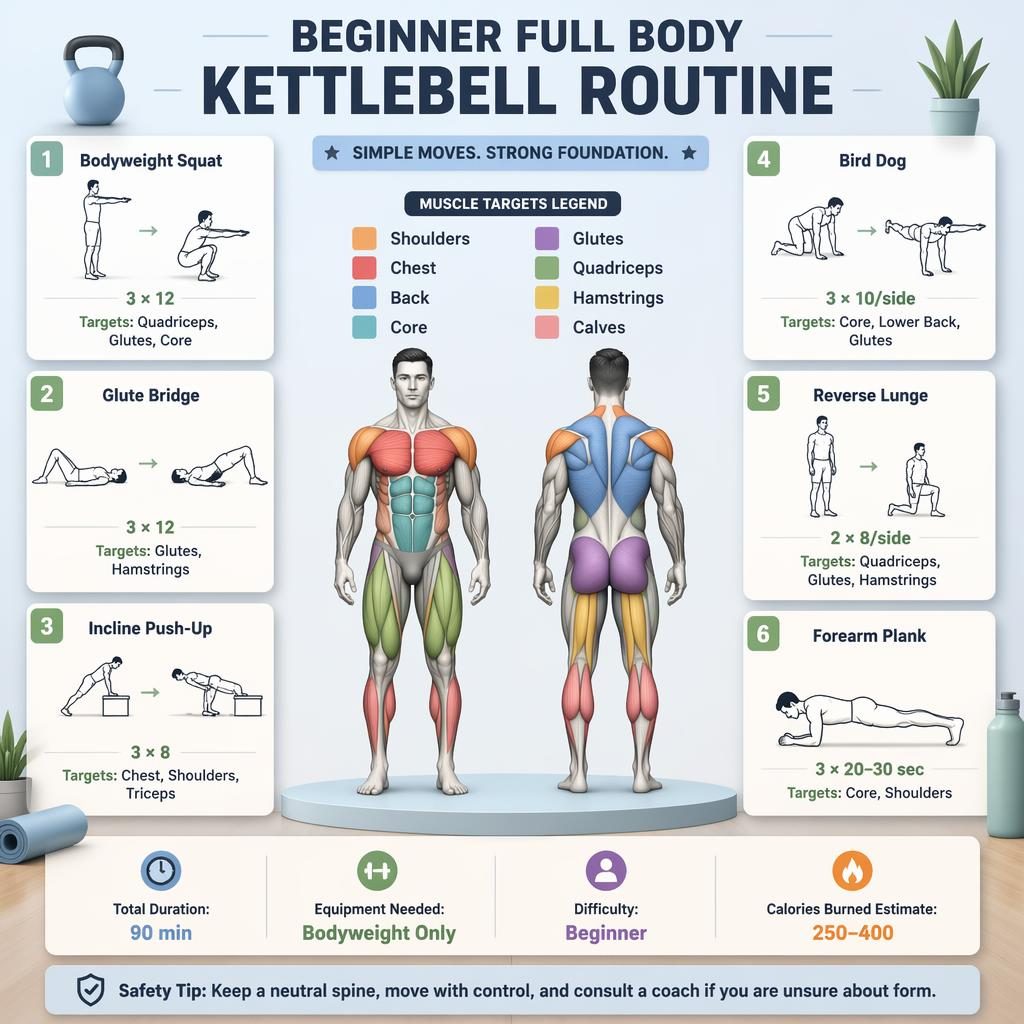 Infographic showing a beginner full body workout routine with front and back muscle maps, 6 exercise cards, stats, and safety tip.