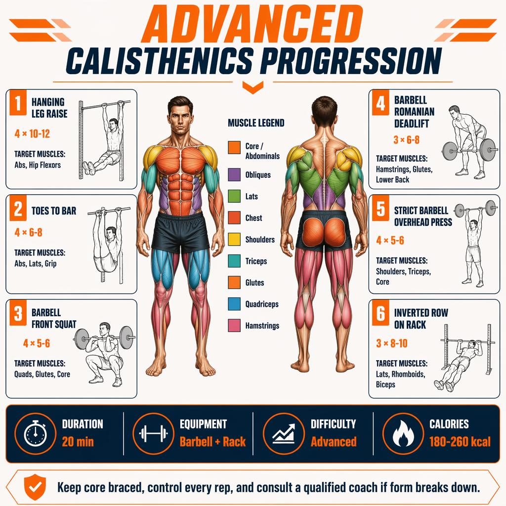 Vertical fitness infographic with front and back male anatomy, 6 exercise cards, muscle highlights, stats strip, and safety tip.