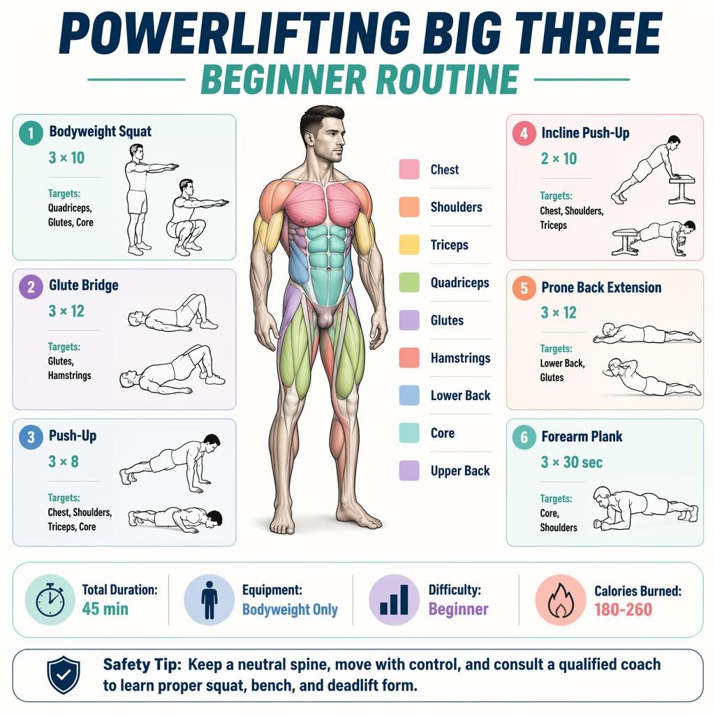 Isometric fitness infographic with anatomical figure, 6 beginner exercise cards, quick stats, and safety tip in pastel tones.